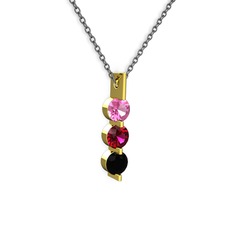 Trinity Taşlı Kolye - Pembe kuvars, rodolit garnet ve siyah zirkon 14 ayar altın kolye (40 cm gümüş rolo zincir) #6spy9t