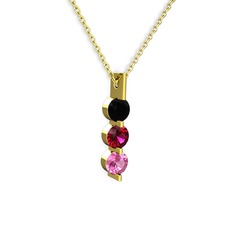Siyah zirkon, rodolit garnet ve pembe kuvars 8 ayar altın kolye (40 cm altın rolo zincir)