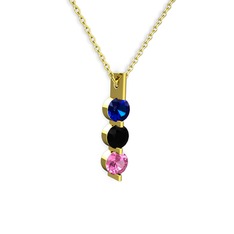 Trinity Taşlı Kolye - Lab safir, siyah zirkon ve pembe kuvars 925 ayar altın kaplama gümüş kolye (40 cm altın rolo zincir) #766avk