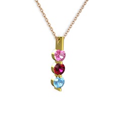 Pembe kuvars, rodolit garnet ve akuamarin 14 ayar altın kolye (40 cm rose altın rolo zincir)