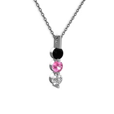 Trinity Taşlı Kolye - Siyah zirkon, pembe kuvars ve swarovski 14 ayar beyaz altın kolye (40 cm gümüş rolo zincir) #89ns07