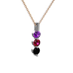 Ametist, rodolit garnet ve siyah zirkon 14 ayar beyaz altın kolye (40 cm rose altın rolo zincir)