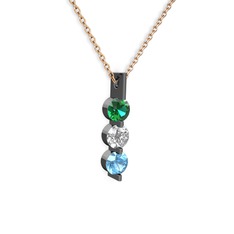 Trinity Taşlı Kolye - Yeşil kuvars, swarovski ve akuamarin 925 ayar siyah rodyum kaplama gümüş kolye (40 cm rose altın rolo zincir) #8ra8i9