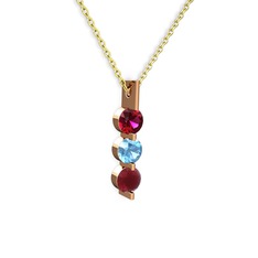 Rodolit garnet, akuamarin ve kök yakut 925 ayar rose altın kaplama gümüş kolye (40 cm altın rolo zincir)