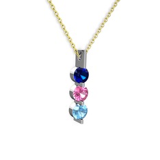 Lab safir, pembe kuvars ve akuamarin 8 ayar beyaz altın kolye (40 cm gümüş rolo zincir)