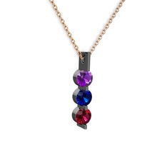 Trinity Taşlı Kolye - Ametist, lab safir ve rodolit garnet 925 ayar siyah rodyum kaplama gümüş kolye (40 cm gümüş rolo zincir) #9ll9ye