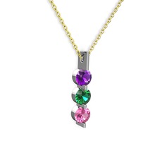 Trinity Taşlı Kolye - Ametist, yeşil kuvars ve pembe kuvars 925 ayar gümüş kolye (40 cm altın rolo zincir) #9so53c