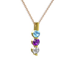 Akuamarin, ametist ve swarovski 8 ayar altın kolye (40 cm gümüş rolo zincir)