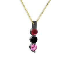 Trinity Taşlı Kolye - Kök yakut, siyah zirkon ve pembe kuvars 925 ayar siyah rodyum kaplama gümüş kolye (40 cm altın rolo zincir) #a96y7a