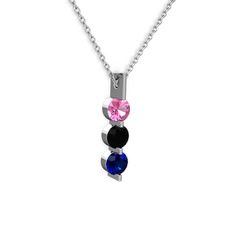 Pembe kuvars, siyah zirkon ve lab safir 14 ayar beyaz altın kolye (40 cm gümüş rolo zincir)