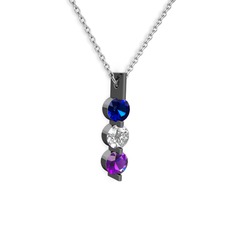 Trinity Taşlı Kolye - Lab safir, swarovski ve ametist 925 ayar siyah rodyum kaplama gümüş kolye (40 cm beyaz altın rolo zincir) #be302n