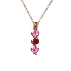 Pembe kuvars ve kök yakut 925 ayar rose altın kaplama gümüş kolye (40 cm gümüş rolo zincir)