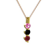 Pembe kuvars, siyah zirkon ve kök yakut 14 ayar altın kolye (40 cm rose altın rolo zincir)