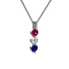 Rodolit garnet, swarovski ve lab safir 8 ayar beyaz altın kolye (40 cm gümüş rolo zincir)