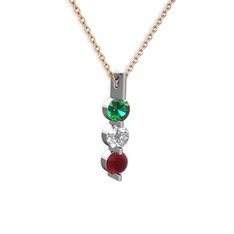 Trinity Taşlı Kolye - Yeşil kuvars, swarovski ve kök yakut 14 ayar beyaz altın kolye (40 cm rose altın rolo zincir) #cj306m