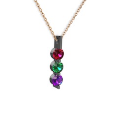 Trinity Taşlı Kolye - Rodolit garnet, yeşil kuvars ve ametist 925 ayar siyah rodyum kaplama gümüş kolye (40 cm rose altın rolo zincir) #cjhyi4