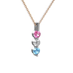 Trinity Taşlı Kolye - Pembe kuvars, swarovski ve akuamarin 8 ayar beyaz altın kolye (40 cm rose altın rolo zincir) #cp2b2p