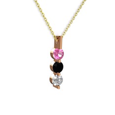 Pembe kuvars, siyah zirkon ve swarovski 8 ayar rose altın kolye (40 cm altın rolo zincir)