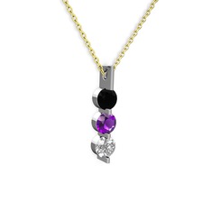 Siyah zirkon, ametist ve swarovski 14 ayar beyaz altın kolye (40 cm gümüş rolo zincir)
