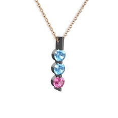 Trinity Taşlı Kolye - Akuamarin ve pembe kuvars 925 ayar siyah rodyum kaplama gümüş kolye (40 cm gümüş rolo zincir) #d2dcxf