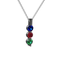Lab safir, kök yakut ve yeşil kuvars 925 ayar siyah rodyum kaplama gümüş kolye (40 cm beyaz altın rolo zincir)
