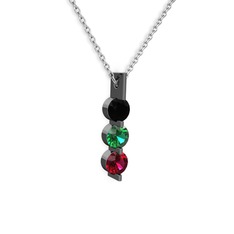 Siyah zirkon, yeşil kuvars ve rodolit garnet 925 ayar siyah rodyum kaplama gümüş kolye (40 cm gümüş rolo zincir)
