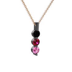 Siyah zirkon, rodolit garnet ve pembe kuvars 925 ayar siyah rodyum kaplama gümüş kolye (40 cm rose altın rolo zincir)