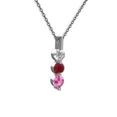 Swarovski, kök yakut ve pembe kuvars 8 ayar beyaz altın kolye (40 cm gümüş rolo zincir)
