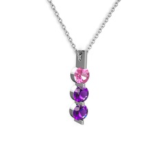 Trinity Taşlı Kolye - Pembe kuvars ve ametist 8 ayar beyaz altın kolye (40 cm beyaz altın rolo zincir) #ez64gv