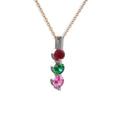 Kök yakut, yeşil kuvars ve pembe kuvars 8 ayar beyaz altın kolye (40 cm rose altın rolo zincir)