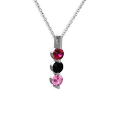 Rodolit garnet, siyah zirkon ve pembe kuvars 8 ayar beyaz altın kolye (40 cm beyaz altın rolo zincir)