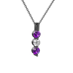 Trinity Taşlı Kolye - Ametist ve swarovski 925 ayar siyah rodyum kaplama gümüş kolye (40 cm gümüş rolo zincir) #h579si