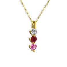 Swarovski, kök yakut ve pembe kuvars 8 ayar altın kolye (40 cm altın rolo zincir)