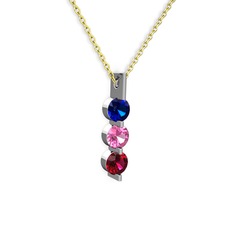 Lab safir, pembe kuvars ve rodolit garnet 14 ayar beyaz altın kolye (40 cm gümüş rolo zincir)