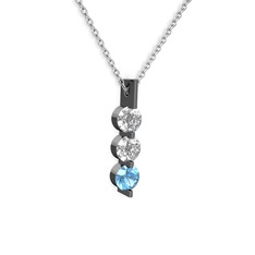 Swarovski ve akuamarin 925 ayar siyah rodyum kaplama gümüş kolye (40 cm gümüş rolo zincir)