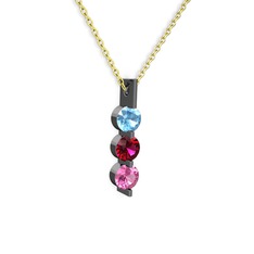 Trinity Taşlı Kolye - Akuamarin, rodolit garnet ve pembe kuvars 925 ayar siyah rodyum kaplama gümüş kolye (40 cm altın rolo zincir) #js4nmh