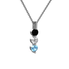 Siyah zirkon, swarovski ve akuamarin 14 ayar beyaz altın kolye (40 cm gümüş rolo zincir)