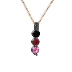 Siyah zirkon, kök yakut ve pembe kuvars 925 ayar siyah rodyum kaplama gümüş kolye (40 cm rose altın rolo zincir)