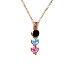 Trinity Taşlı Kolye - Siyah zirkon, akuamarin ve pembe kuvars 8 ayar rose altın kolye (40 cm gümüş rolo zincir) #l78kej