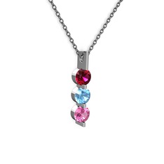 Rodolit garnet, akuamarin ve pembe kuvars 8 ayar beyaz altın kolye (40 cm gümüş rolo zincir)
