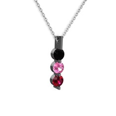 Siyah zirkon, pembe kuvars ve rodolit garnet 925 ayar siyah rodyum kaplama gümüş kolye (40 cm beyaz altın rolo zincir)