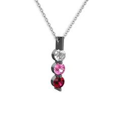 Trinity Taşlı Kolye - Swarovski, pembe kuvars ve rodolit garnet 925 ayar siyah rodyum kaplama gümüş kolye (40 cm gümüş rolo zincir) #lhjkow