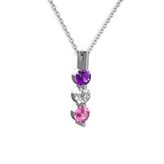 Ametist, swarovski ve pembe kuvars 8 ayar beyaz altın kolye (40 cm beyaz altın rolo zincir)