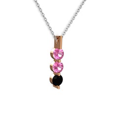 Trinity Taşlı Kolye - Pembe kuvars ve siyah zirkon 14 ayar rose altın kolye (40 cm gümüş rolo zincir) #mi4e34