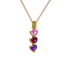 Pembe kuvars, rodolit garnet ve ametist 8 ayar altın kolye (40 cm gümüş rolo zincir)