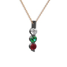 Trinity Taşlı Kolye - Swarovski, yeşil kuvars ve kök yakut 925 ayar siyah rodyum kaplama gümüş kolye (40 cm rose altın rolo zincir) #mvagdx