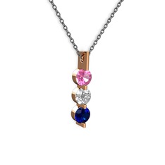 Pembe kuvars, swarovski ve lab safir 14 ayar rose altın kolye (40 cm gümüş rolo zincir)