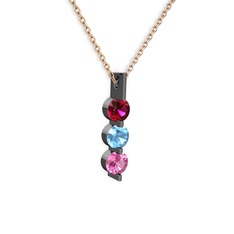 Rodolit garnet, akuamarin ve pembe kuvars 925 ayar siyah rodyum kaplama gümüş kolye (40 cm rose altın rolo zincir)