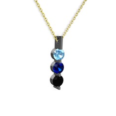 Akuamarin, lab safir ve siyah zirkon 925 ayar siyah rodyum kaplama gümüş kolye (40 cm gümüş rolo zincir)