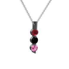 Trinity Taşlı Kolye - Kök yakut, siyah zirkon ve pembe kuvars 925 ayar siyah rodyum kaplama gümüş kolye (40 cm beyaz altın rolo zincir) #nah3qo